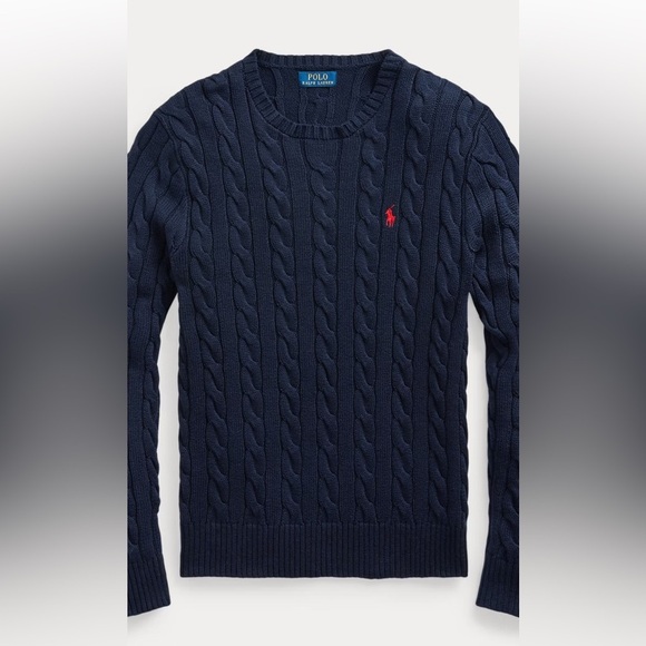 Polo by Ralph Lauren Big & Tall 3XLT Navy Cotton Crewneck Cable-Knit, Red Pony - Picture 3 of 16